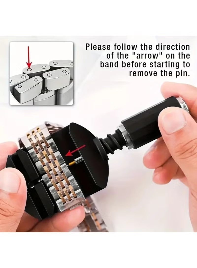 طقم إزالة وصلات سوار الساعة، طقم أدوات ضبط الساعة، أداة تعديل مقاس سوار الساعة، أداة إزالة دبابيس سوار الساعة، طقم إعادة ضبط مقاس الساعة مع أداة إزالة دبابيس الساعة، أداة ثقب دبابيس وصلات الساعة، مطرقة - Image 4